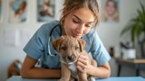 Fototapeta  - Caring female veterinarian examining a puppy, embodying compassion and animal care.