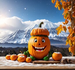 Halloween pumpkin with mountain background, halloween and happy face