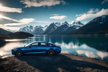 Wall Mural - A luxury sedan parked beside a serene alpine lake with snow-capped mountains in the background.