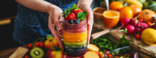 A Woman Holds A Jar Of Fruit Smoothie In Her Hands, On A Background Of Fruits