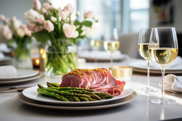 Wall Mural - Table setting with meat and vegetables, grilled asparagus and ham