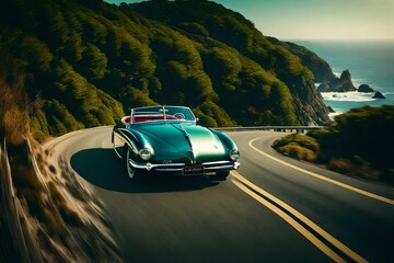  A vintage convertible car driving on a winding coastal road with the ocean on one side and a dense forest on the other.