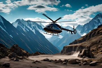 Wall Mural - A cargo helicopter airlifting heavy machinery against the backdrop of a rugged mountain range.