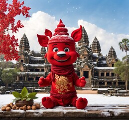 Wall Mural - Chinese new year concept with red paper doll in front of Angkor Wat, Cambodia