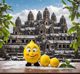 Wall Mural - Funny lemons mascot character in front of Angkor Wat, Cambodia