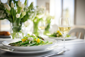 Wall Mural - Table setting with food, grilled asparagus salad