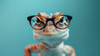 Lizard wearing glasses on a plain color background, looking curious