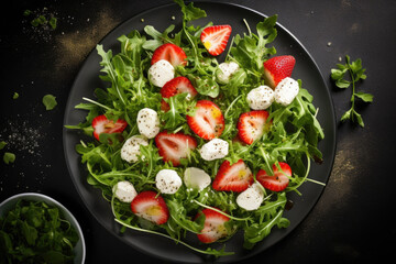 Wall Mural - Healthy diet strawberry salad with arugula and feta cheese in the plate close up, top view