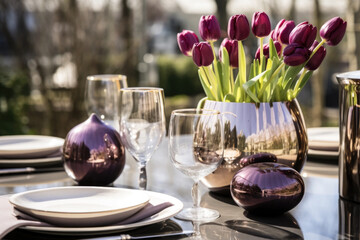 Wall Mural - Festive dinner table setting with cutlery, wine glasses and tulip flowers