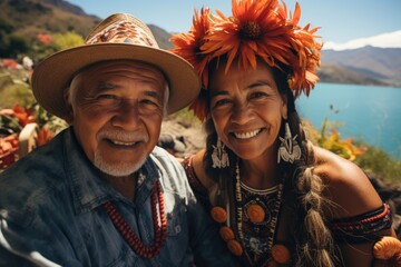 Wall Mural - Portrait of a happy elderly couple on vacation in national costumes. Journey