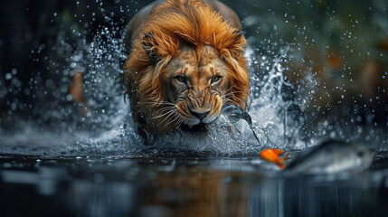 Canvas Print - The lion is catching fish in the water