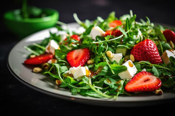 Wall Mural - Healthy diet strawberry salad with arugula and feta cheese in the plate close up