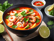 Thai Culinary Delight: Authentic Tom Yum Goong Soup with Juicy Prawns. generative AI