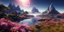 A Landscape Of A River On An Earth Like Planet, Night Landscape With Moon And Stars, Sunrise In The Mountains