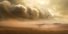 Sandstorm Approaching The Desert, Creating A Powerful Wall Of Dust. The Concept Of Force And Inevitability Of Natural Phenomena.