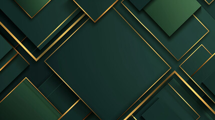 Dark green abstract background with gold lines and shadow. Geometric shape overlap layers