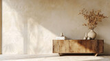 Fototapeta  - Wooden sideboard, vase with dried flowers, books, modern sculpture, beige wall with stucco and accessories. 