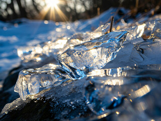 The winter sun shines on the icy ground.