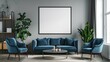 Blue chairs and loveseat sofa against grey wall with big frame poster, near bookcase. Mid-century, scandinavian home interior design of modern living room.