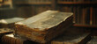 Antique books on wooden library table. History and education.