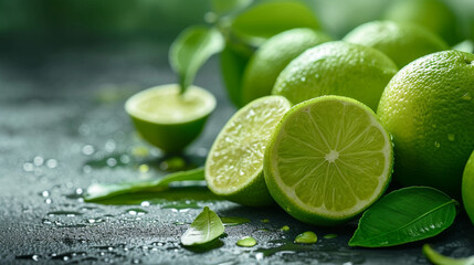 Fresh lime on wooden background. selective focus. Generative AI,