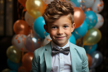 Portrait of a cute little boy in a suit and bow tie posing on a background of colorful balloons