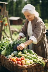 Grandma sells vegetables and fruits at the farmer's market. food.