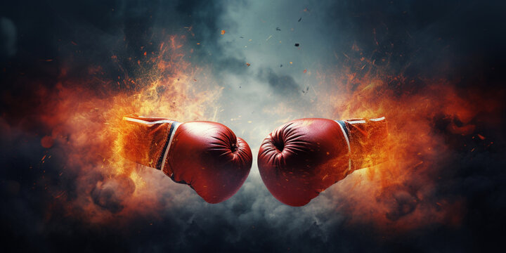 Fire boxing gloves, Intense boxing gloves battle copyspace available, Boxing match red versus blue in the ring, Combat boxing gloves The concept of skill and determination Generative AI



