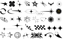 Y2K Aesthetic Elements, Black Icons On White . Stars, Arrows, Planets Symbols For Retro Futuristic Designs. Perfect For Web, Digital Art, 90s Nostalgia Projects. Checkerboard Pattern, Hearts, Flowers