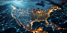 Digital Map Of USA, Concept Of North America Global Network And Connectivity, Data Transfer And Cyber Technology, Information Exchange And Telecommunication