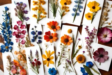 Wall Mural - A collection of DIY pressed flower bookmarks, showcasing vibrant petals and delicate designs.