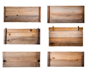  Collection of blank rustic wooden signs with copy space, isolated on transparent background. 