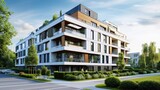 Fototapeta Londyn - Contemporary Urban Living: Sleek Apartment Buildings in White and Orange with Stylish Balconies and Terraces