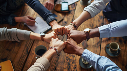Wall Mural - A team of professionals in a meeting showing unity by joining fists together in a circle, symbolizing collaboration and mutual support in a business or work environment.