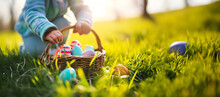 Easter Egg Hunt. Little Child Hunting For Colorful Painted Eggs In Spring Garden On Easter Day. Easter Egg Basket Traditional Easter Festival Outdoors. Multicolor Eggs. Sunlight In The Spring. 