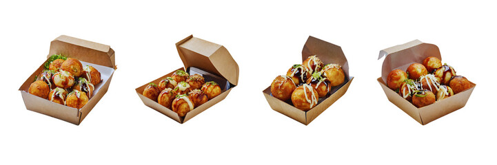 Wall Mural - Set of delicious Takoyaki with paper box, isolated over on transparent white background