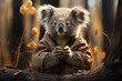 Peaceful gray koala sensei in kimono sits in autumn forest and meditates. Concept of eastern wisdom, martial arts, yoga, Buddhism, peace, tranquility, relaxation, fall, zoo, wildlife.