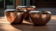 Copper bowl set with a shiny, hammered exterior generative ai