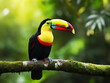 Keel-billed Toucan, Ramphastos sulfuratus, bird with big bill. Toucan sitting on the branch in the forest, Boca Tapada, green vegetation,