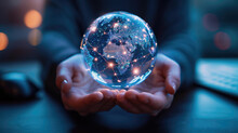 Pair Of Hands Holding A Transparent Globe With Digital Connections And Nodes Superimposed Over It, Representing A Network, Global Communication
