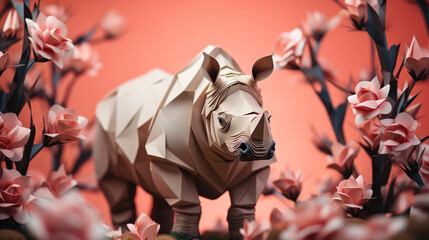 Wall Mural - Aesthetic Look Vintage paper animal rhino origami with minimal background, 3d illustration