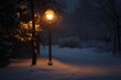 Lonely street lamp casting a warm glow on a snowy evening