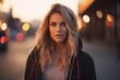 Beautiful young woman in the city at sunset. Blurred background.