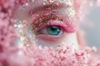 surreal composition with a green eye surrounded by delicate spring pink flower petals