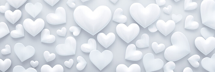 Wall Mural - Beautiful light background banner with silver and white hearts. Valentine's Day. Panoramic web header with copy space. Wide screen wallpaper