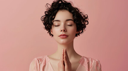 Canvas Print - Young woman with curly hair in a serene pose with her eyes closed and hands together in a gesture of prayer against a soft pink background