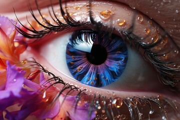 Poster - Woman eye with  flower petals in soft rose colors