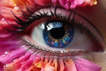 Poster - woman  eye and flower petals in soft rose colors
