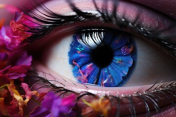Poster - Vibrant Floral Iris Close-Up. woman  eye and flower petals in soft rose colors