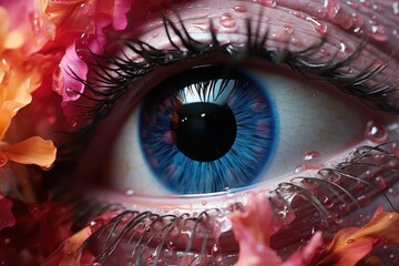 Poster - Vibrant Floral Iris Close-Up. hyperdetail eye, closeup. woman  eye and flower petals in soft rose colors